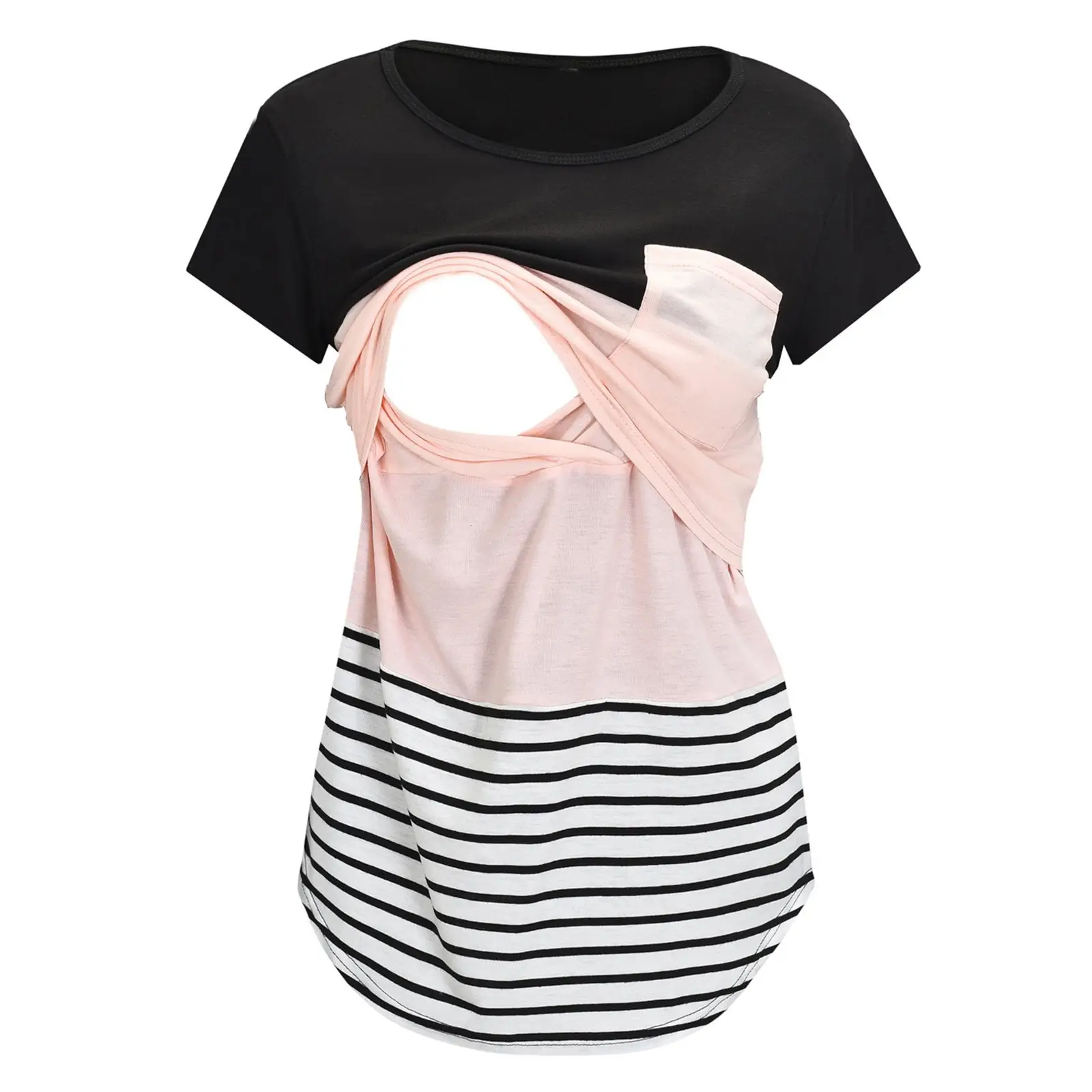 2022 Striped Maternity Top with Black & Pink Tie-Back Design