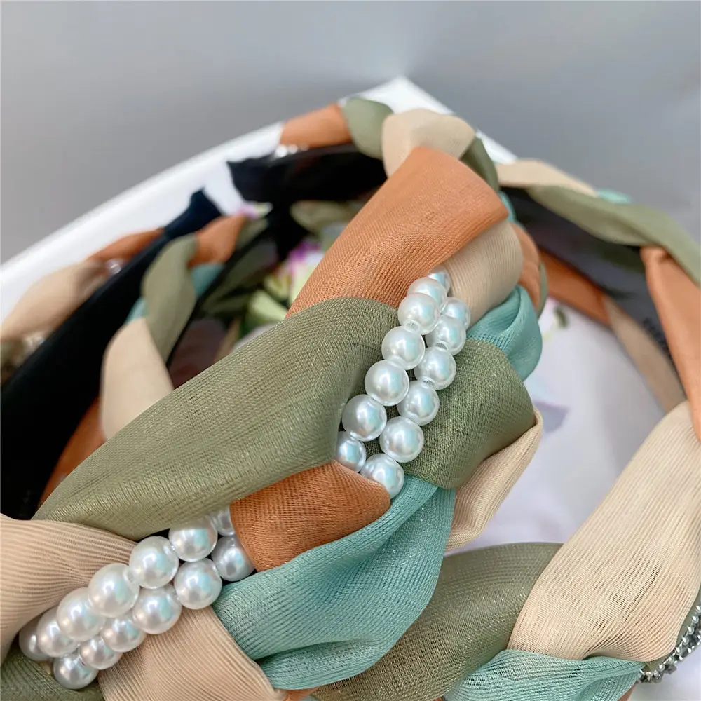B226-2 Retro Color Mesh Hair Ornament Pearl Full Drill Wide Head Hoop Anti-Skid