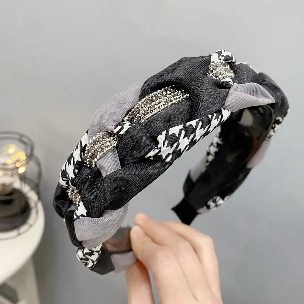 B226-2 Retro Color Mesh Hair Ornament Pearl Full Drill Wide Head Hoop Anti-Skid