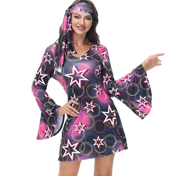 Women's Printed Star Dress 70s Hippie Disco Wear - Image 7