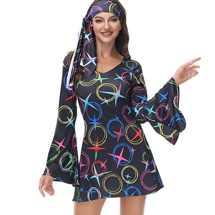 Women's Printed Star Dress 70s Hippie Disco Wear - Image 8
