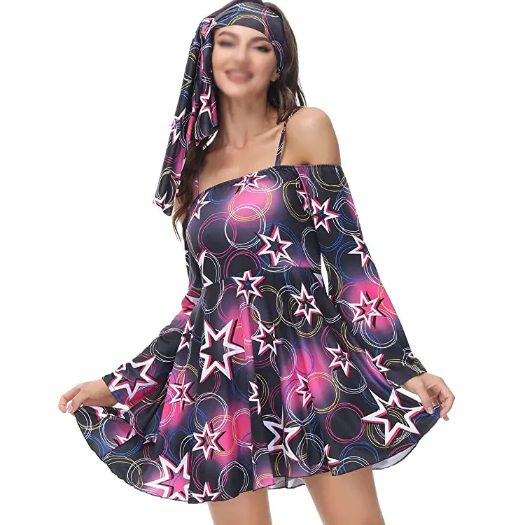 Women's Printed Star Dress 70s Hippie Disco Wear - Image 10