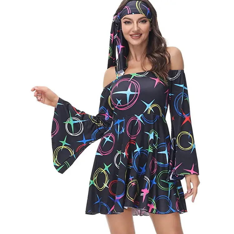 Women's Printed Star Dress 70s Hippie Disco Wear - Image 11