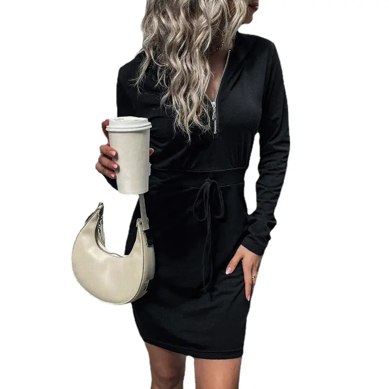 Black Slim Fit Hooded Sweater Skirt for Women - Image 14
