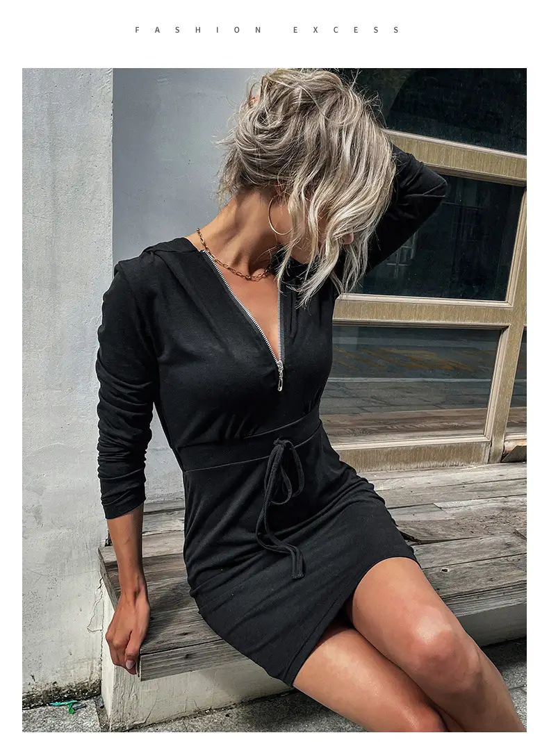 Black Slim Fit Hooded Sweater Skirt for Women — feature 11