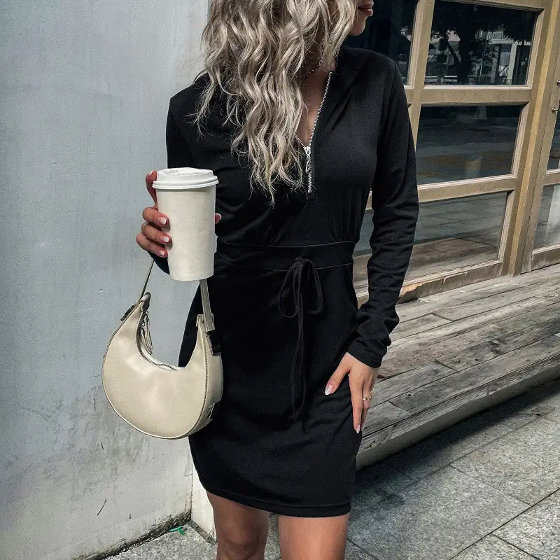Black Slim Fit Hooded Sweater Skirt for Women — feature 4
