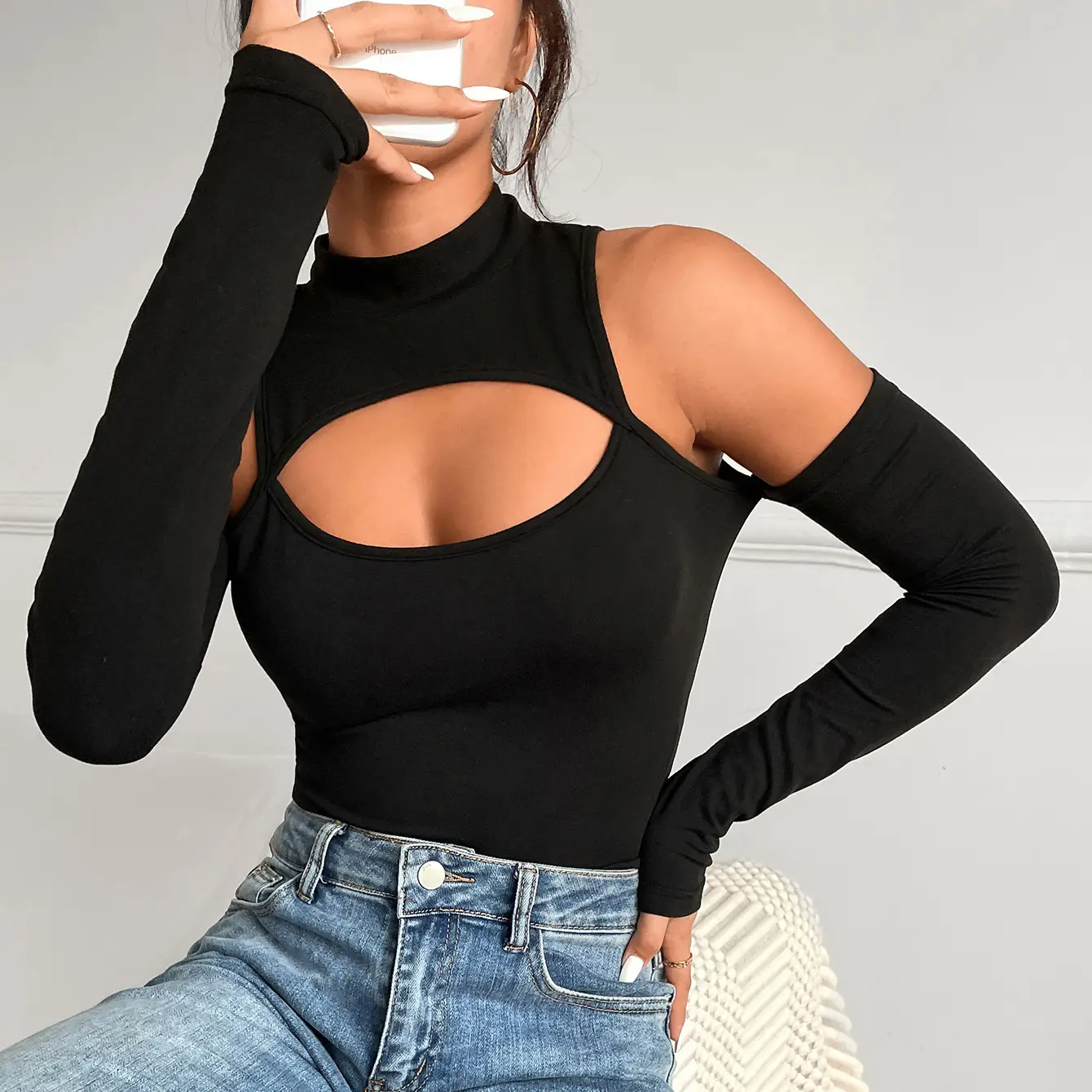 Black Exposed Cut Out Long Sleeve Slim Fit Bottom - Image 3