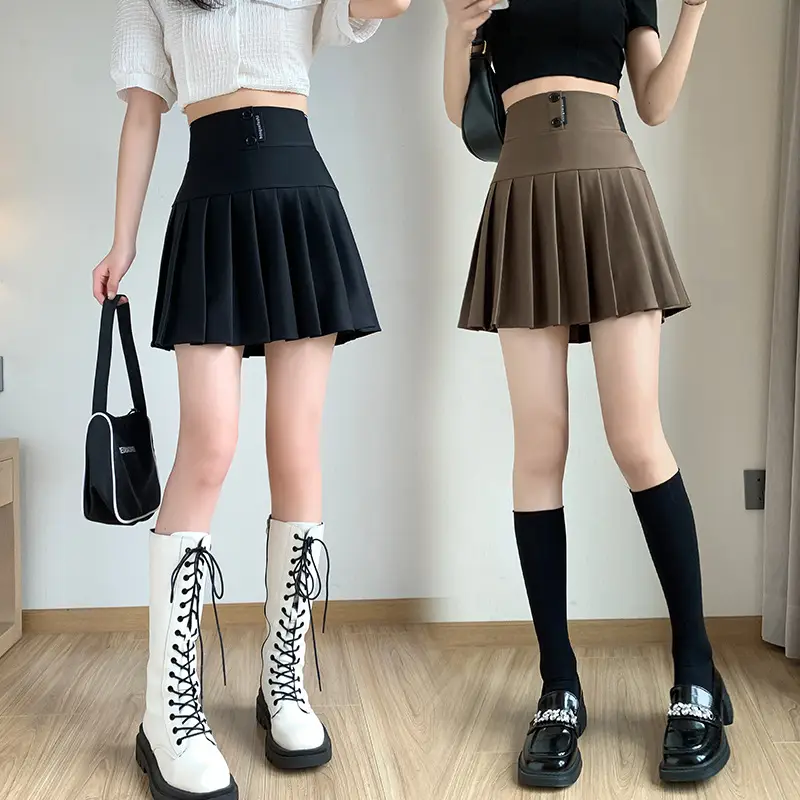 Elastic Pleated Skirt for Women Black Brown High Waist A-Line - Image 7