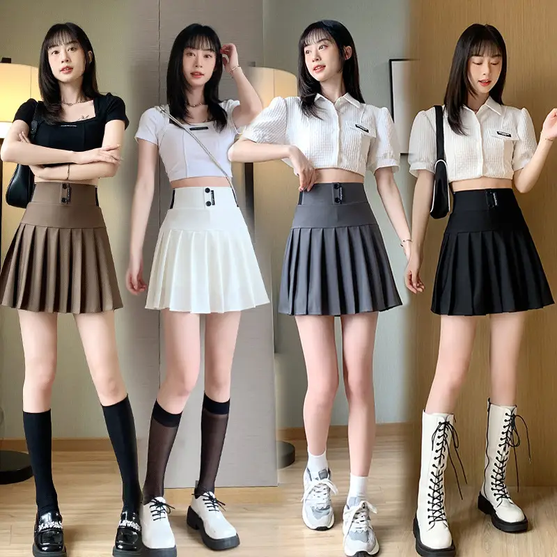 Elastic Pleated Skirt for Women Black Brown High Waist A-Line - Image 8