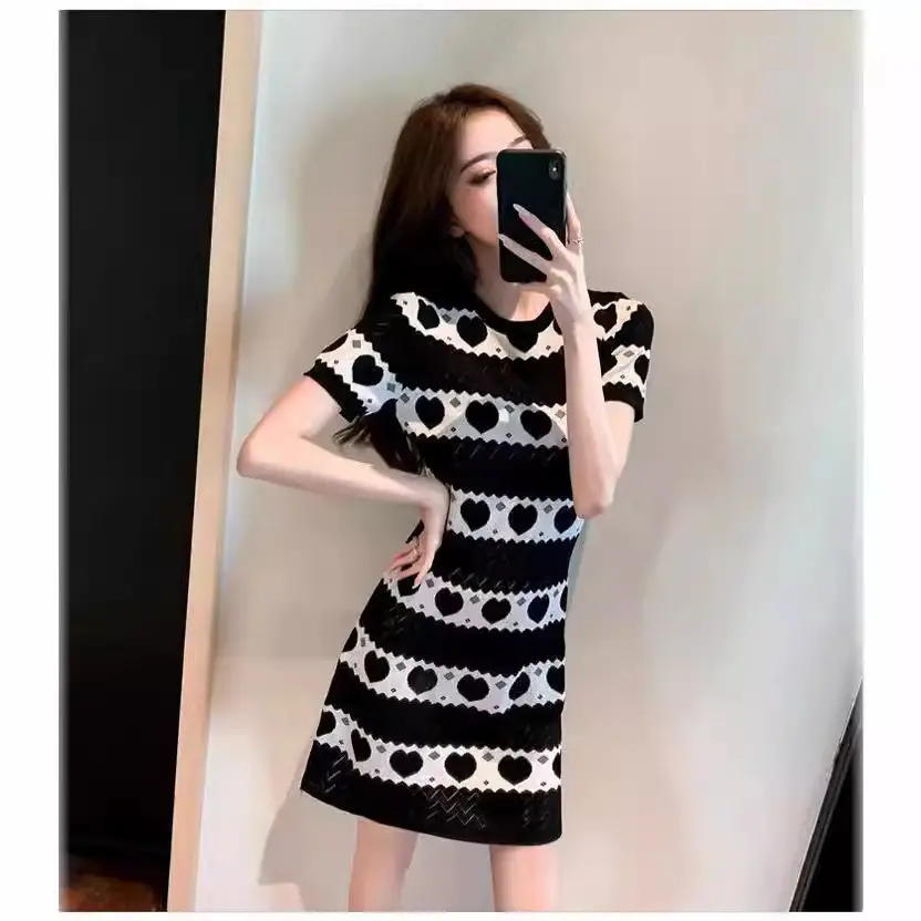 Love Pattern Knitted Midi Skirt for Women Black Blue