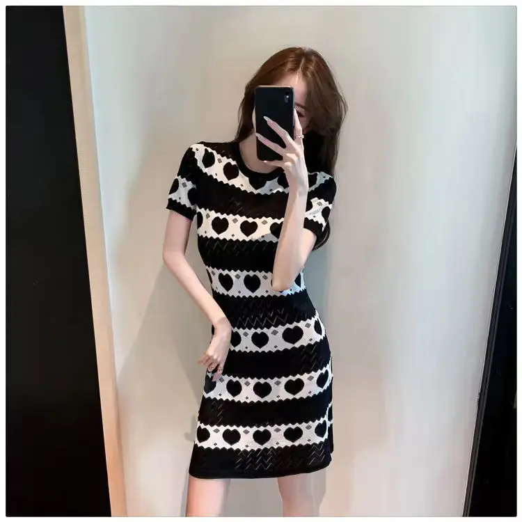 Love Pattern Knitted Midi Skirt for Women Black Blue