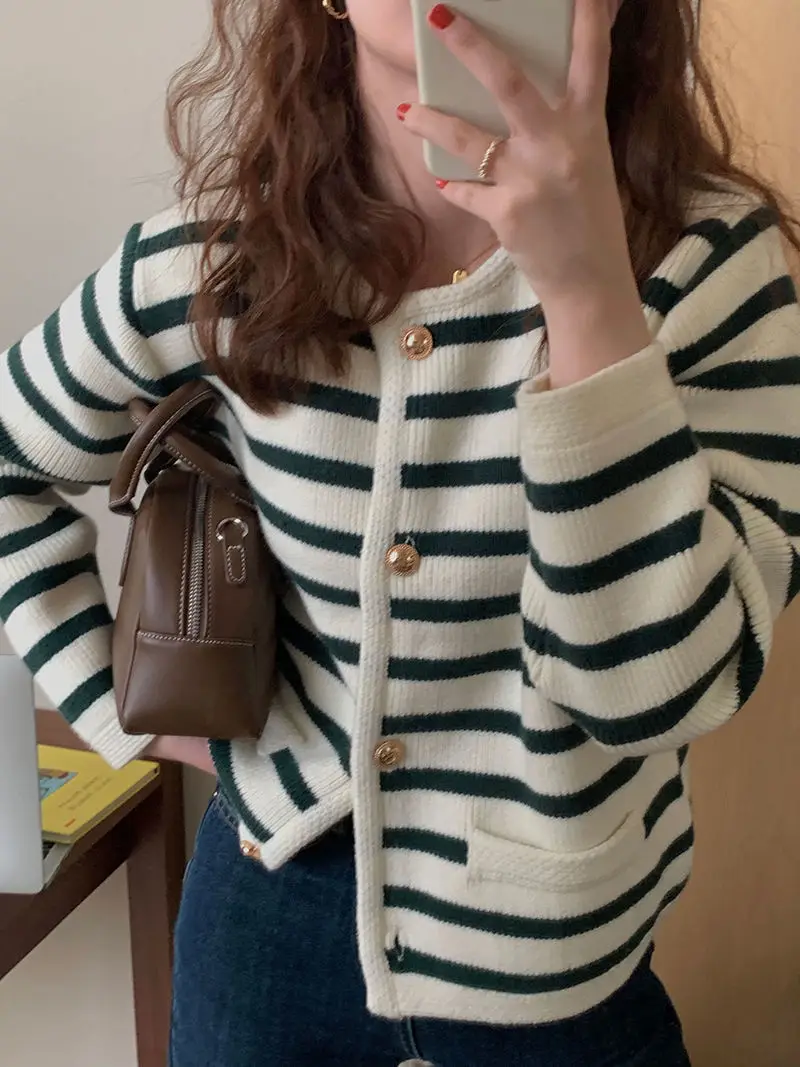 Women Striped Knitted Cardigan Autumn Winter Inner Top — feature 9