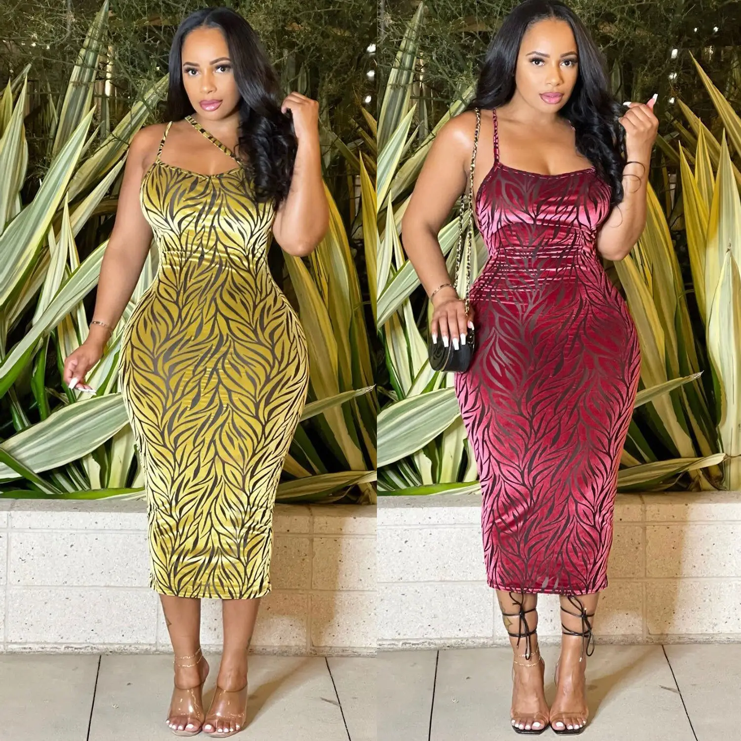Sexy Slim Fit Velvet Printed Dress Yellow Red - Image 3
