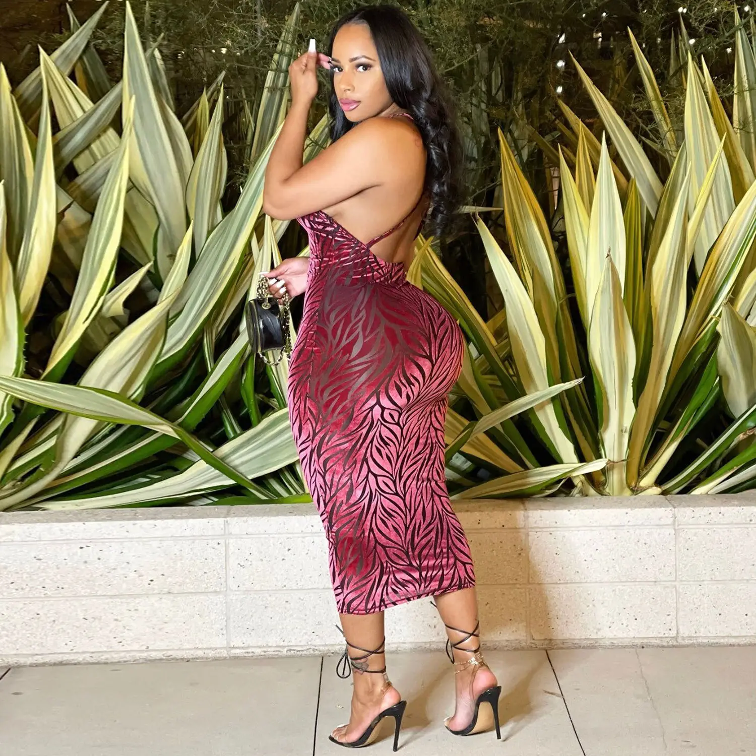 Sexy Slim Fit Velvet Printed Dress Yellow Red - Image 5