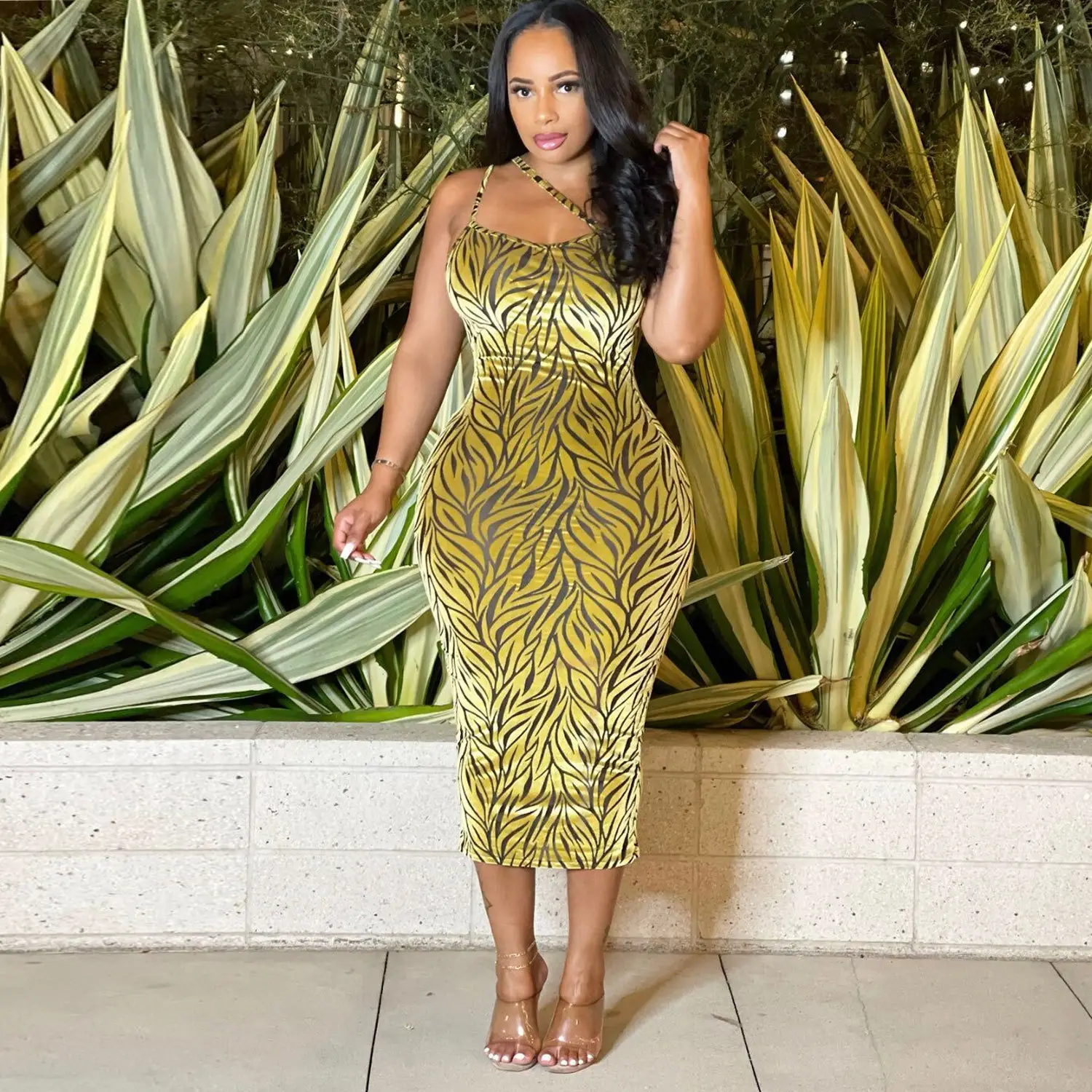 Sexy Slim Fit Velvet Printed Dress Yellow Red - Image 6