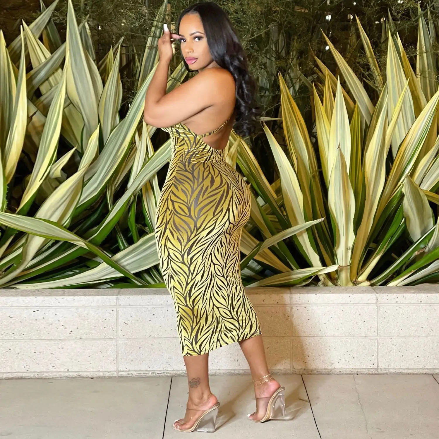 Sexy Slim Fit Velvet Printed Dress Yellow Red - Image 7