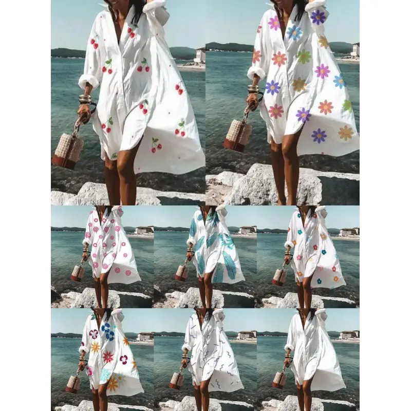 2022 Summer Shirt Dress White Blue Zigzag Print - Image 18