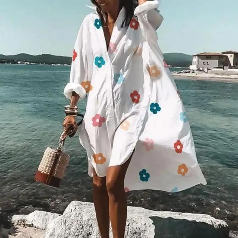 2022 Summer Shirt Dress White Blue Zigzag Print - Image 3