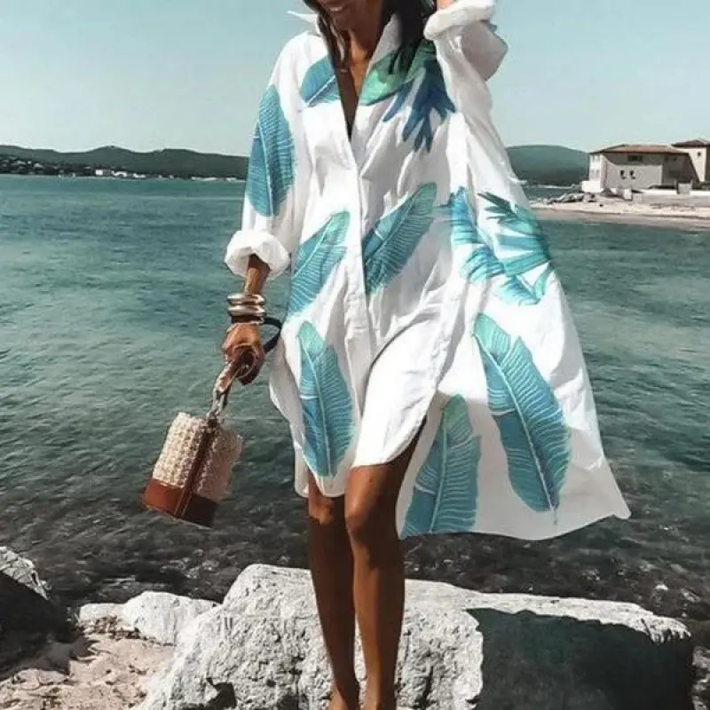 2022 Summer Shirt Dress White Blue Zigzag Print - Image 2