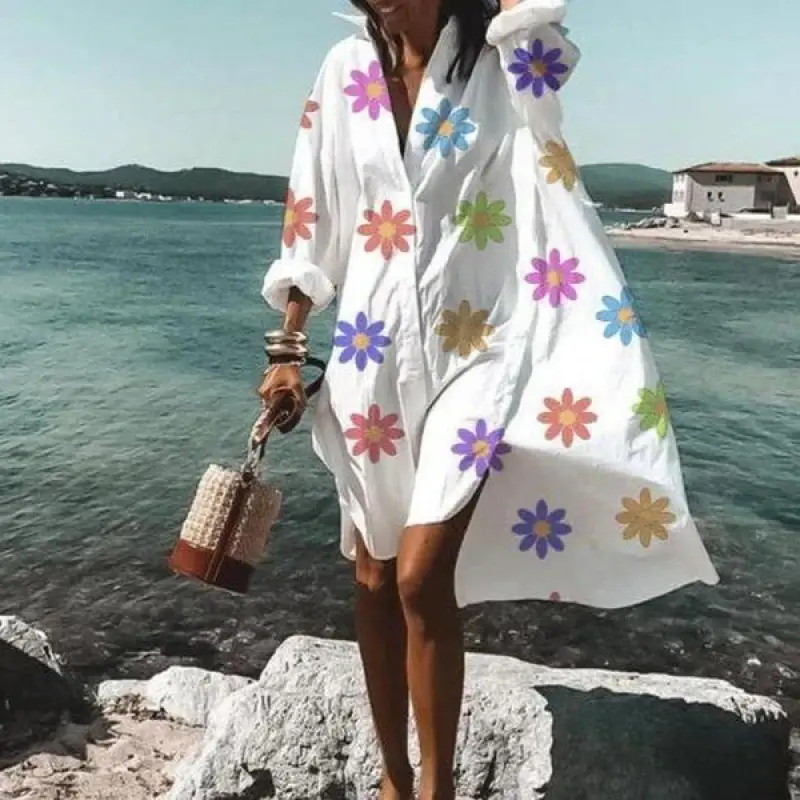2022 Summer Shirt Dress White Blue Zigzag Print - Image 5
