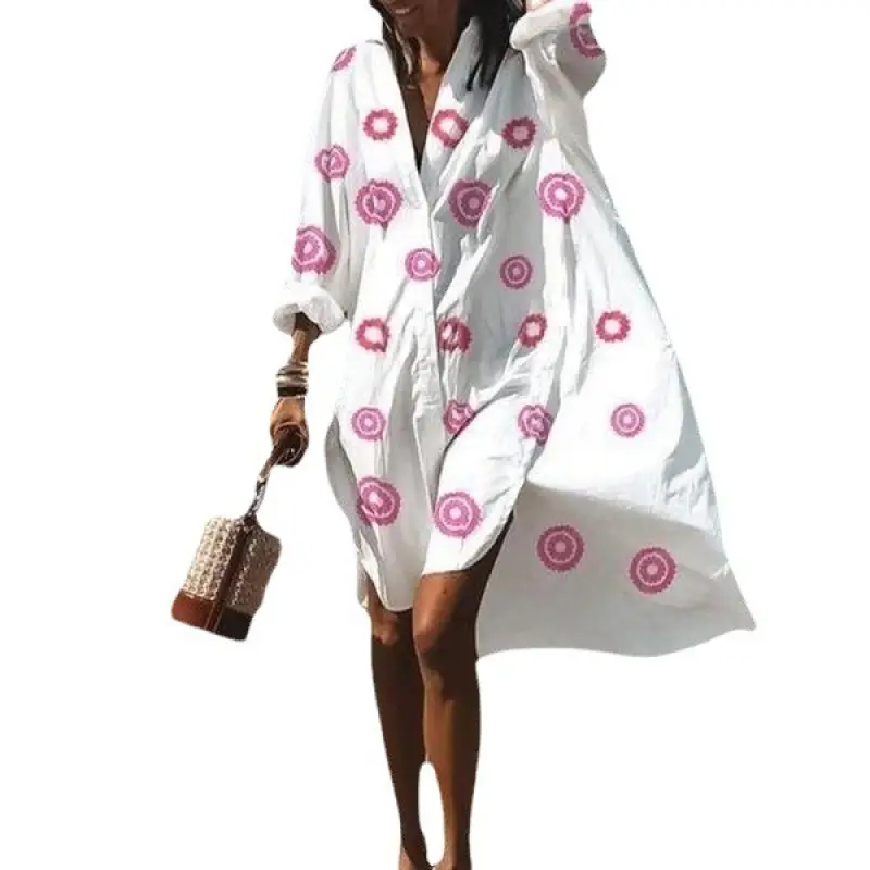 2022 Summer Shirt Dress White Blue Zigzag Print - Image 19