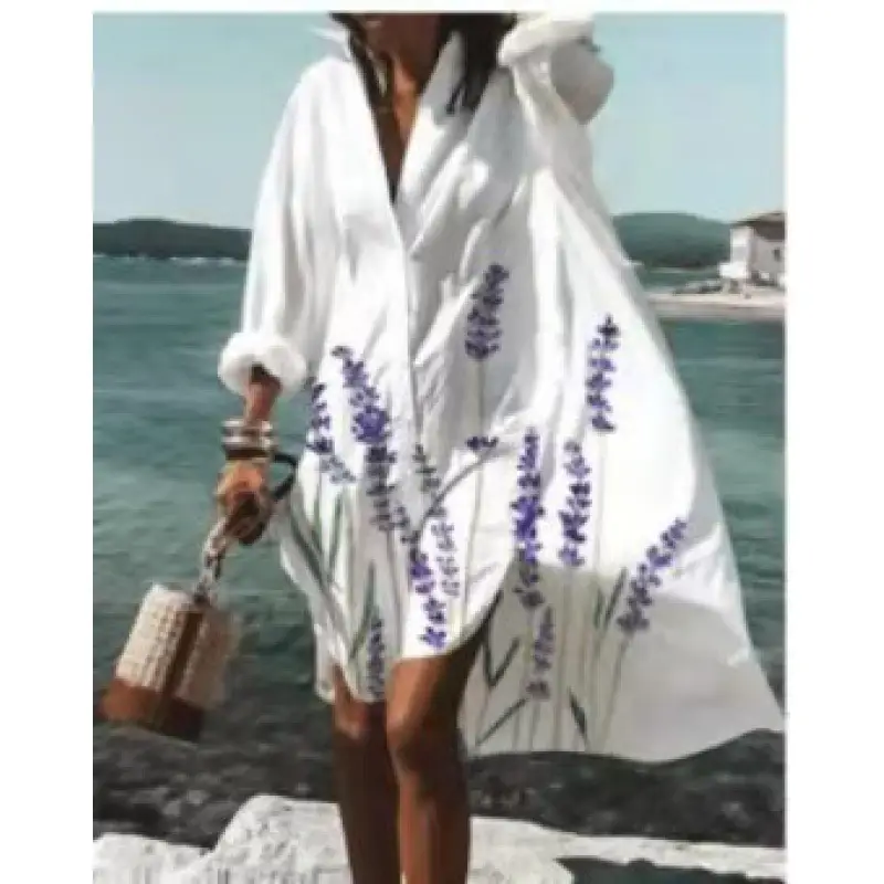 2022 Summer Shirt Dress White Blue Zigzag Print - Image 11