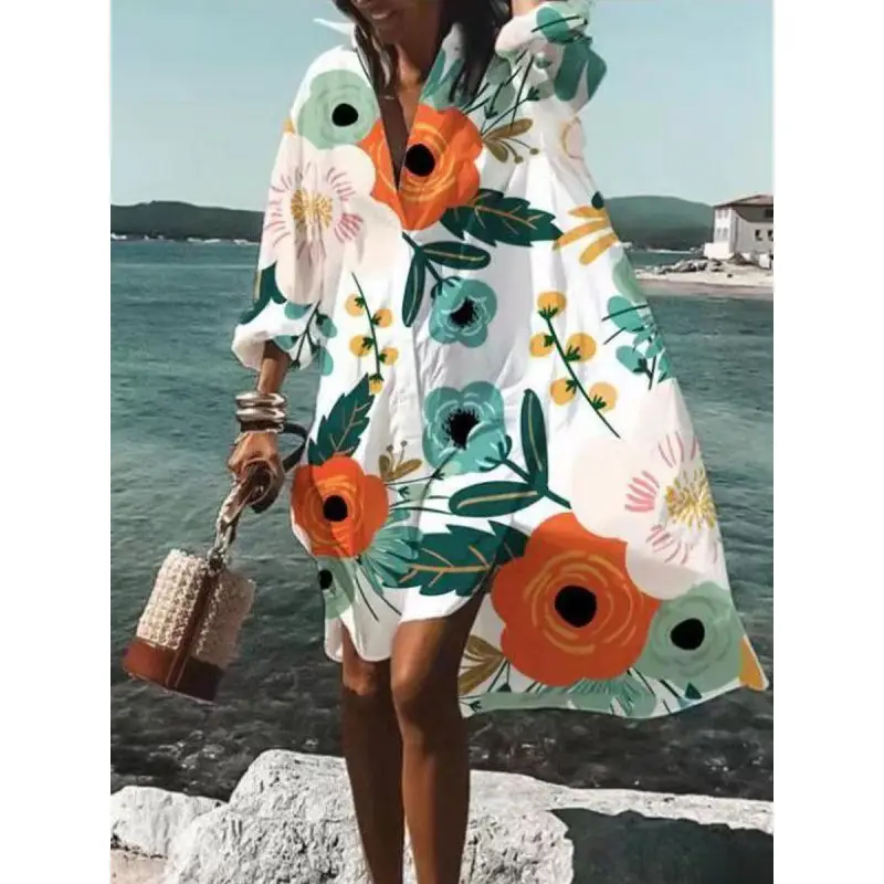 2022 Summer Shirt Dress White Blue Zigzag Print - Image 12
