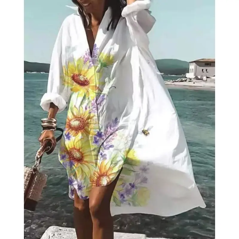 2022 Summer Shirt Dress White Blue Zigzag Print - Image 13