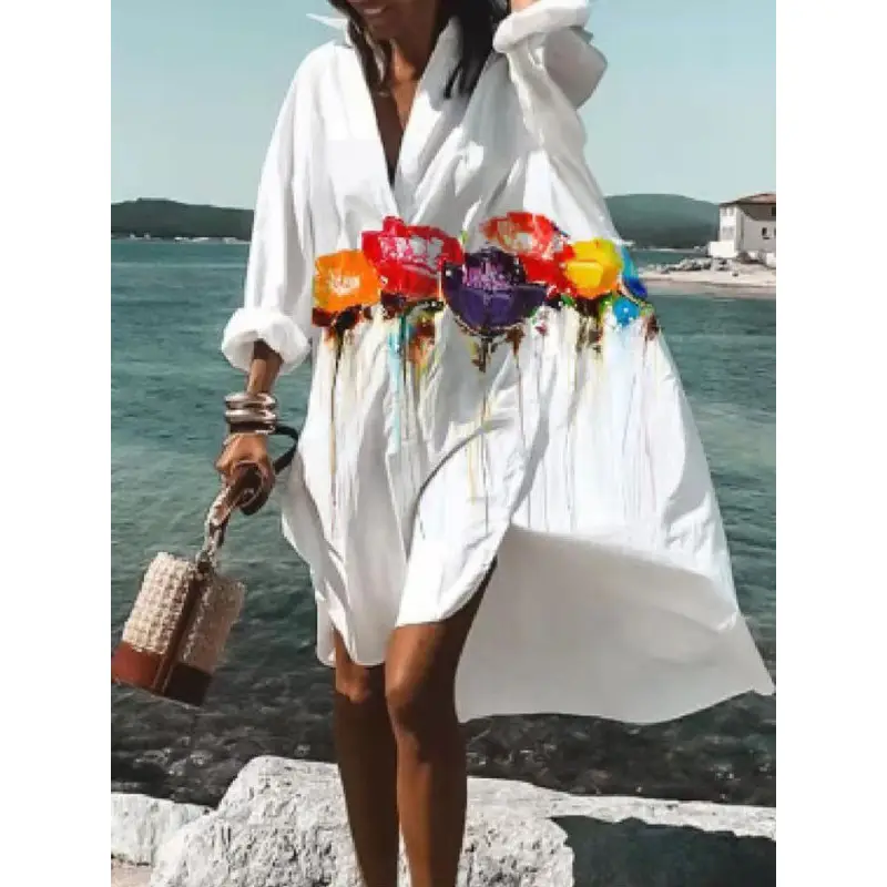 2022 Summer Shirt Dress White Blue Zigzag Print - Image 14