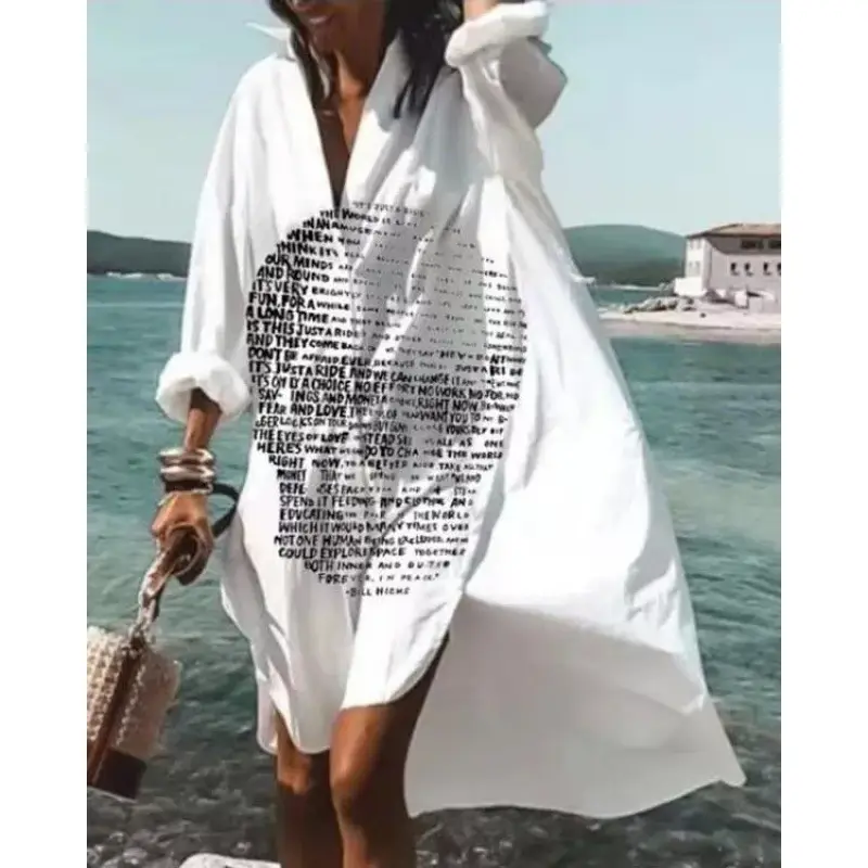 2022 Summer Shirt Dress White Blue Zigzag Print - Image 15