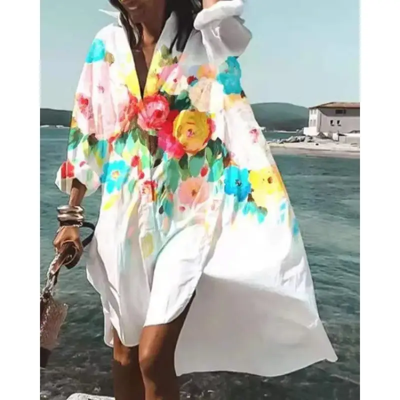 2022 Summer Shirt Dress White Blue Zigzag Print - Image 16