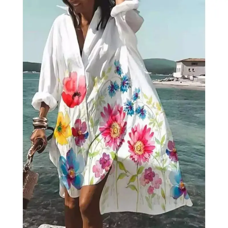 2022 Summer Shirt Dress White Blue Zigzag Print - Image 17