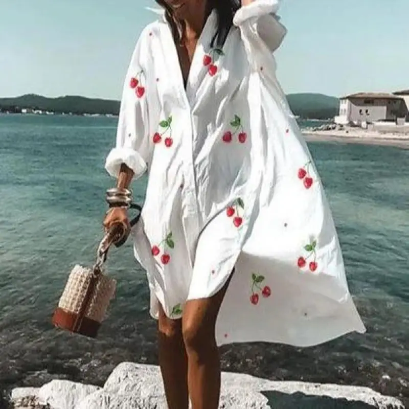 2022 Summer Shirt Dress White Blue Zigzag Print - Image 4