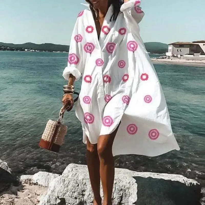 2022 Summer Shirt Dress White Blue Zigzag Print - Image 6