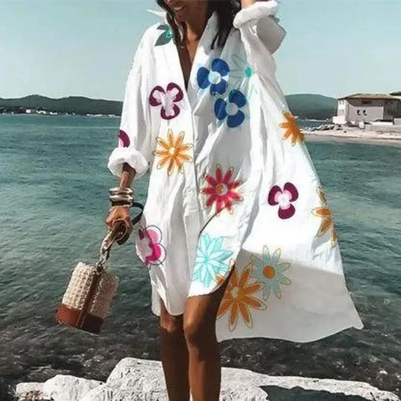 2022 Summer Shirt Dress White Blue Zigzag Print - Image 7