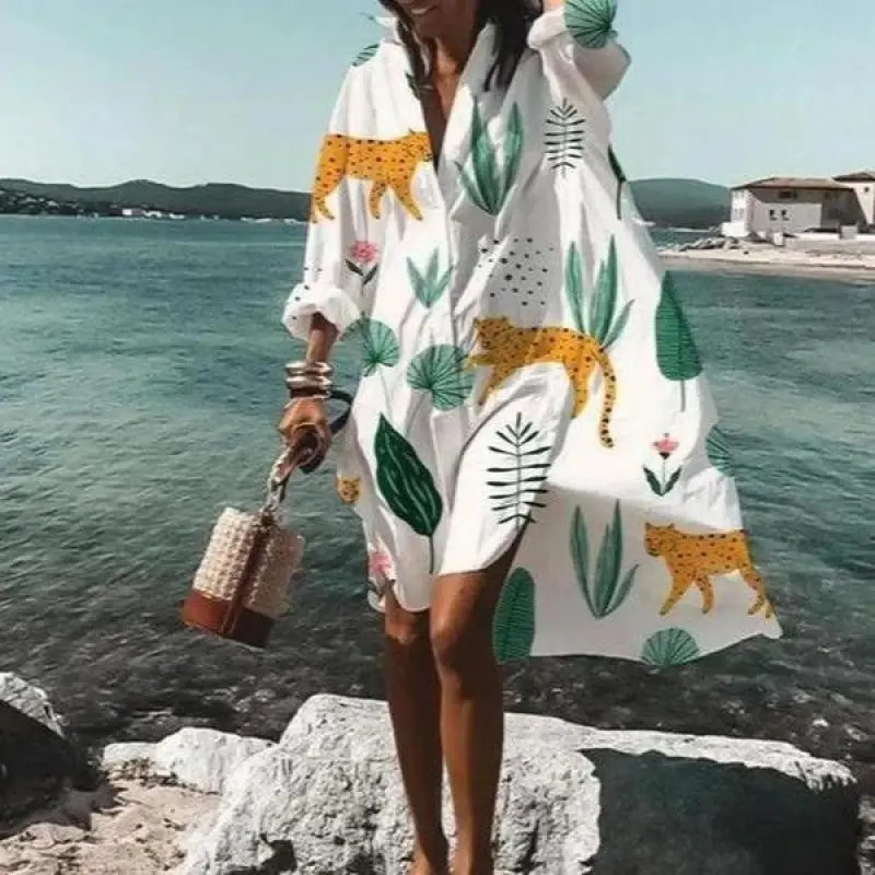 2022 Summer Shirt Dress White Blue Zigzag Print - Image 8