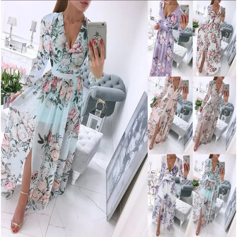 2024 Chiffon Printed V-Neck Long Sleeve Dress Women - Image 7