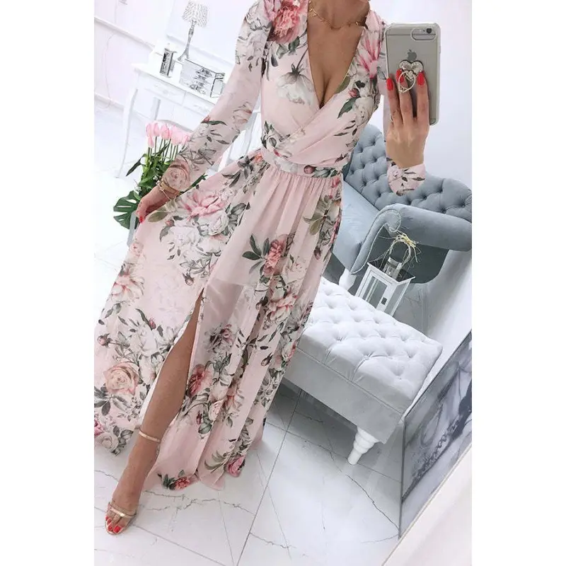 2024 Chiffon Printed V-Neck Long Sleeve Dress Women - Image 3