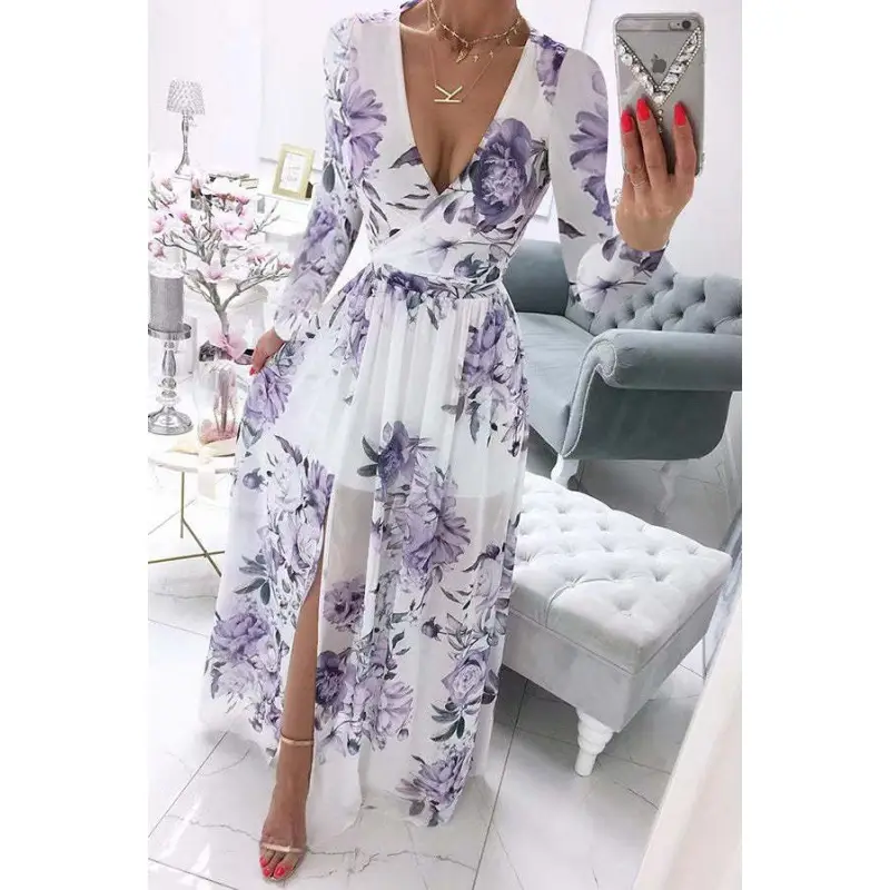 2024 Chiffon Printed V-Neck Long Sleeve Dress Women - Image 4