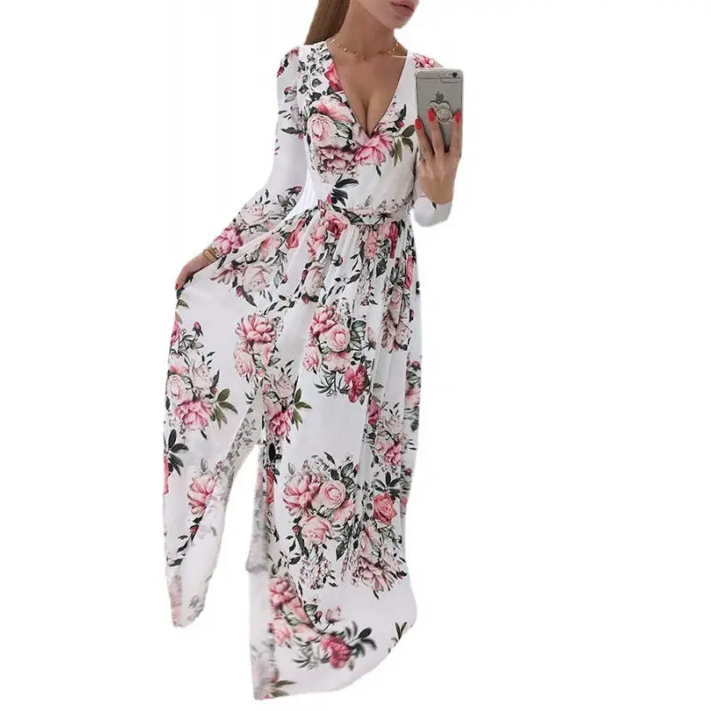 2024 Chiffon Printed V-Neck Long Sleeve Dress Women - Image 8