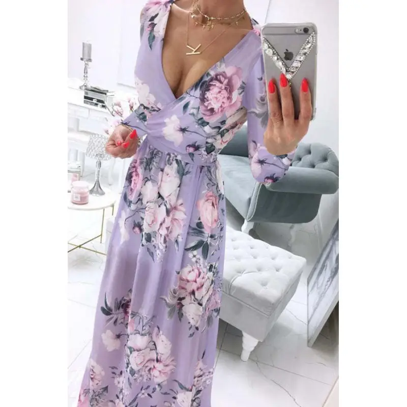 2024 Chiffon Printed V-Neck Long Sleeve Dress Women - Image 2