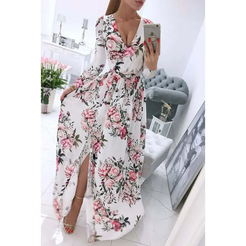 2024 Chiffon Printed V-Neck Long Sleeve Dress Women - Image 5