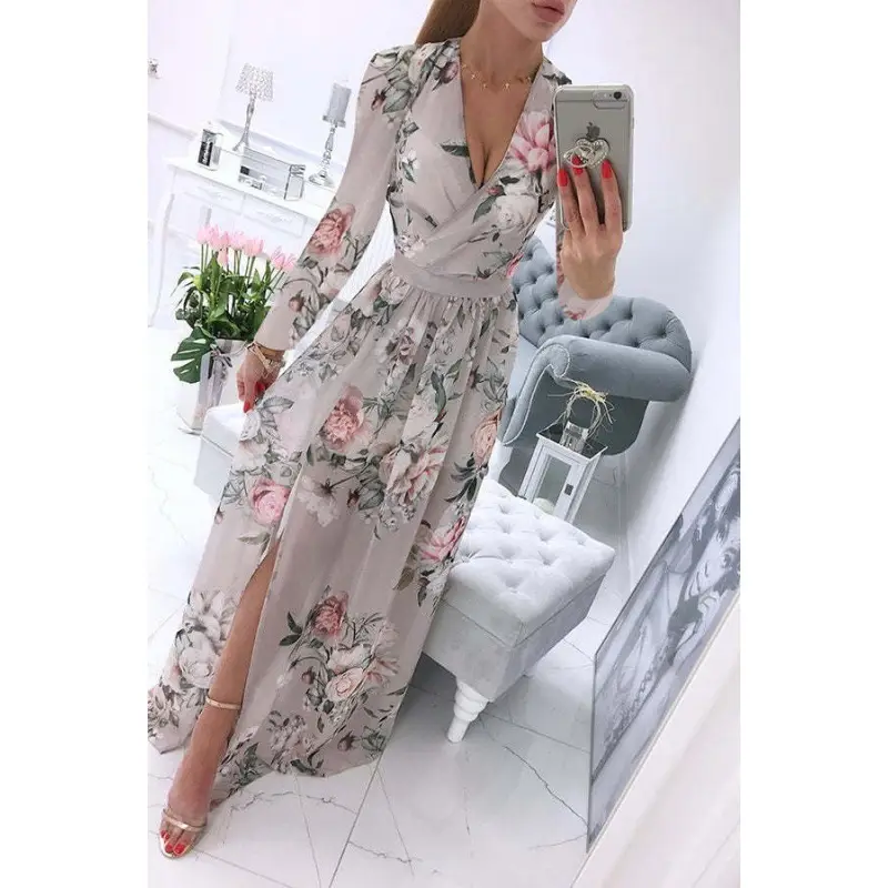 2024 Chiffon Printed V-Neck Long Sleeve Dress Women - Image 6