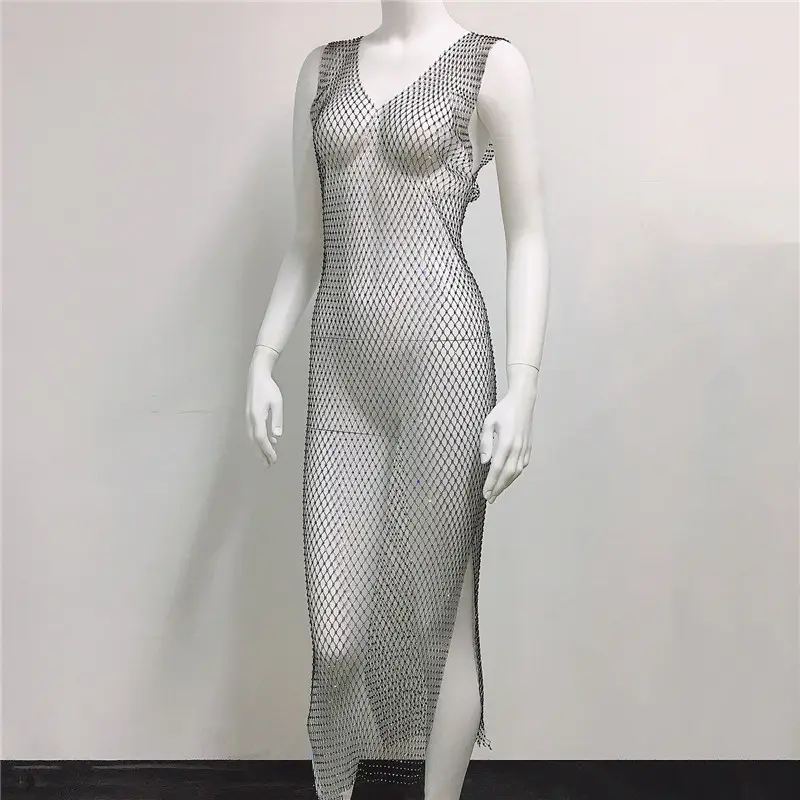 White Rhinestone Fishnet Sleeveless Long Dress for Women — feature 18