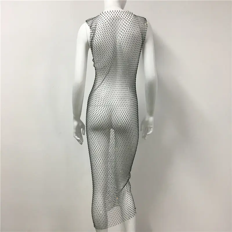 White Rhinestone Fishnet Sleeveless Long Dress for Women — feature 19