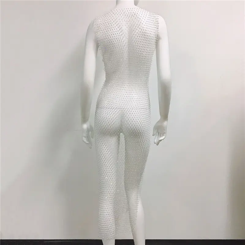 White Rhinestone Fishnet Sleeveless Long Dress for Women — feature 21
