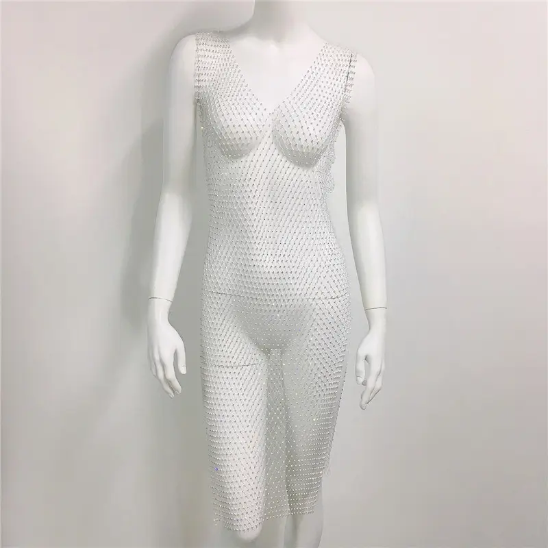 White Rhinestone Fishnet Sleeveless Long Dress for Women — feature 25