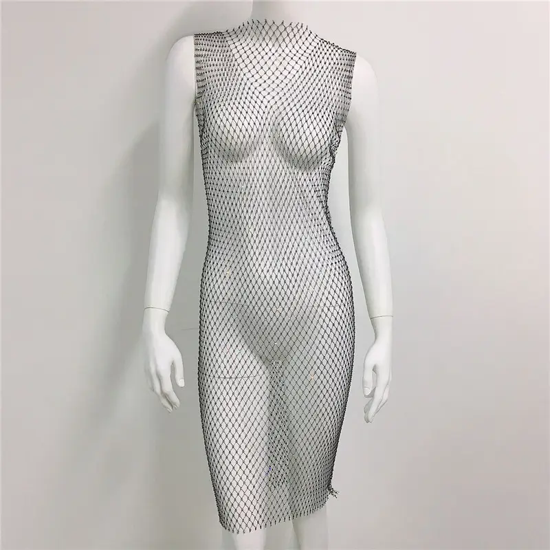 White Rhinestone Fishnet Sleeveless Long Dress for Women — feature 26