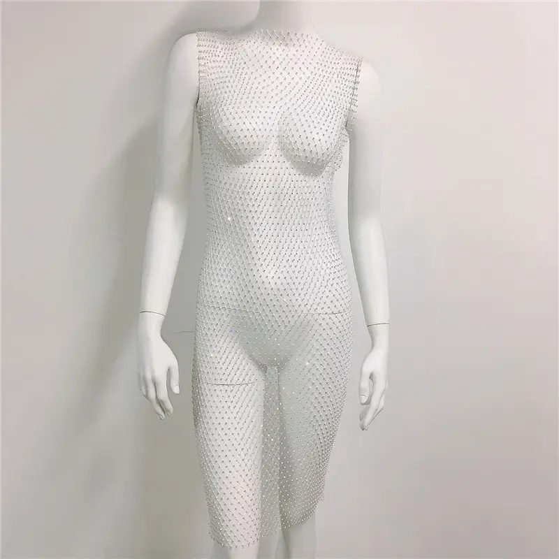 White Rhinestone Fishnet Sleeveless Long Dress for Women — feature 27
