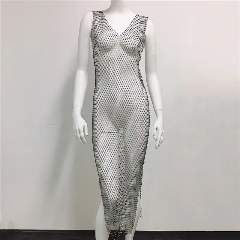 White Rhinestone Fishnet Sleeveless Long Dress for Women — feature 17